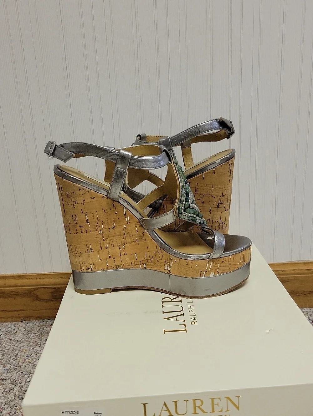 Lauren Ralph Lauren Embellished Silver Cork Wedge Mattie Sandals 6.5 Festival